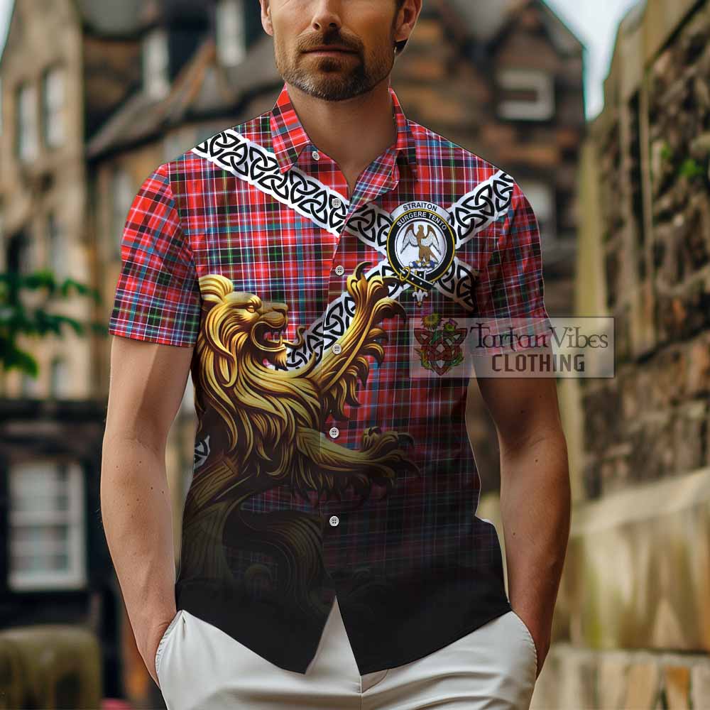 Tartan Vibes Clothing Straiton Crest Tartan Short Sleeve Button Shirt with Golden Lion Emblem Celtic Style