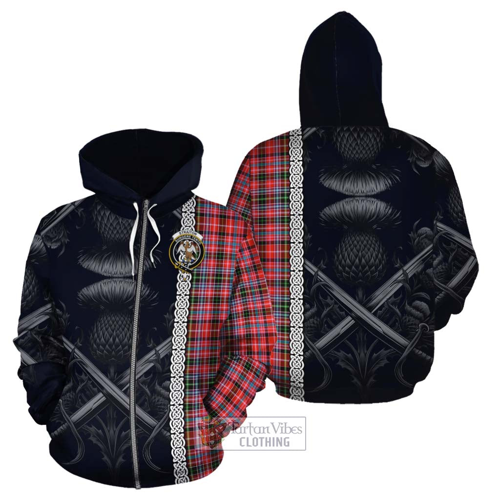 Tartan Vibes Clothing Straiton Tartan Cotton Hoodie with Family Crest Cross Sword Thistle Celtic Vibes