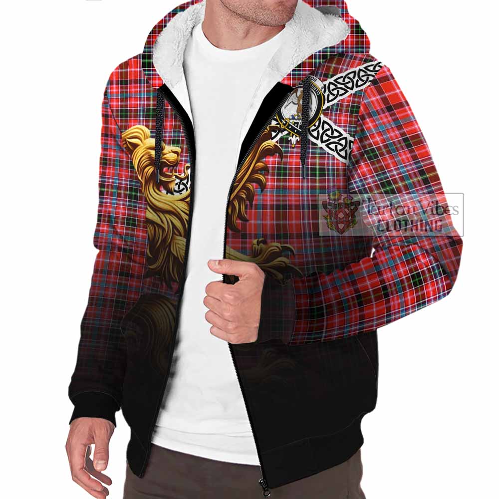 Tartan Vibes Clothing Straiton Crest Tartan Sherpa Hoodie with Golden Lion Emblem Celtic Style