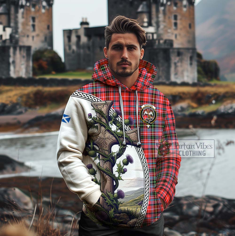 Tartan Vibes Clothing Straiton Tartan Cotton Hoodie with Family Crest and St. Andrew's Cross Accented by Thistle Vines