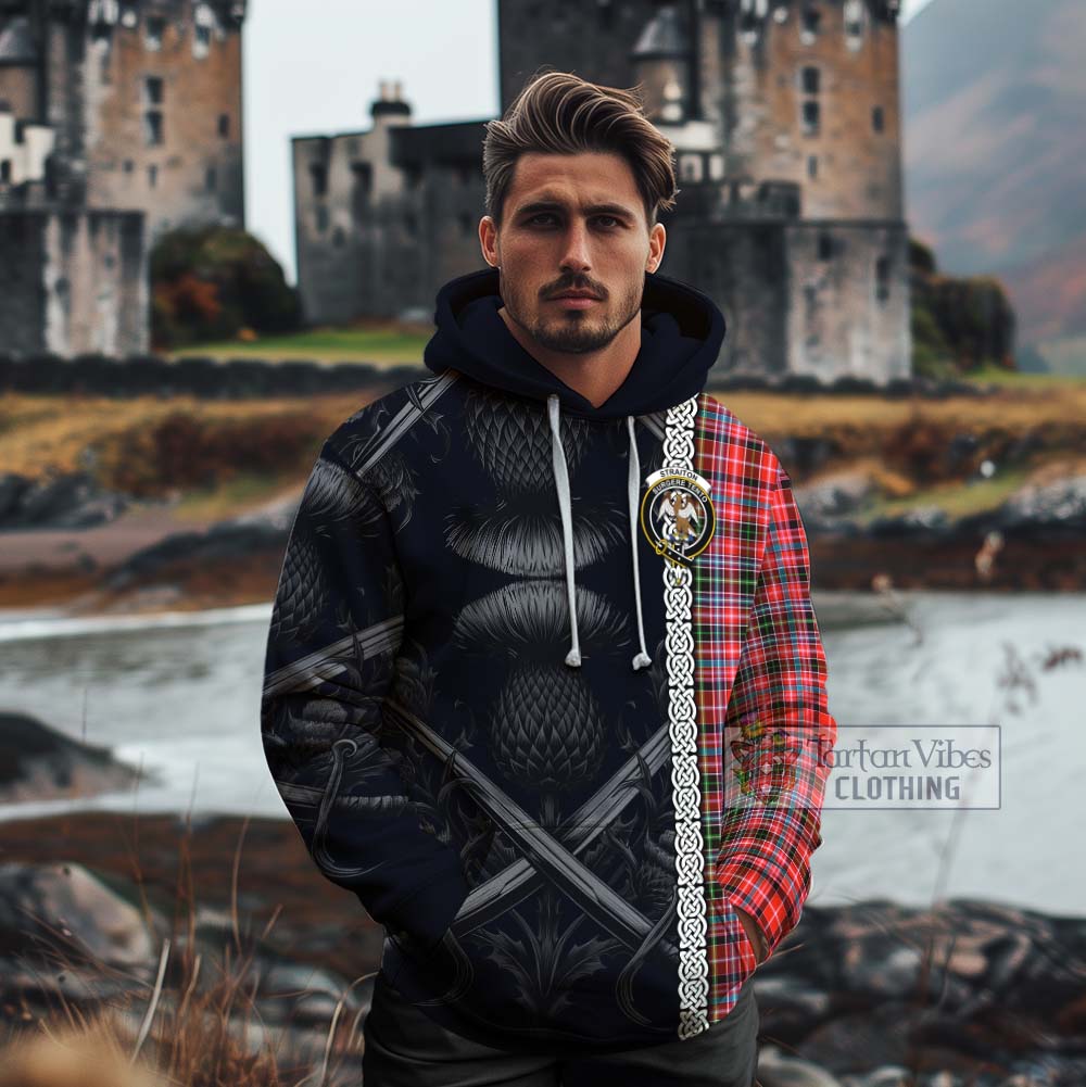 Tartan Vibes Clothing Straiton Tartan Cotton Hoodie with Family Crest Cross Sword Thistle Celtic Vibes