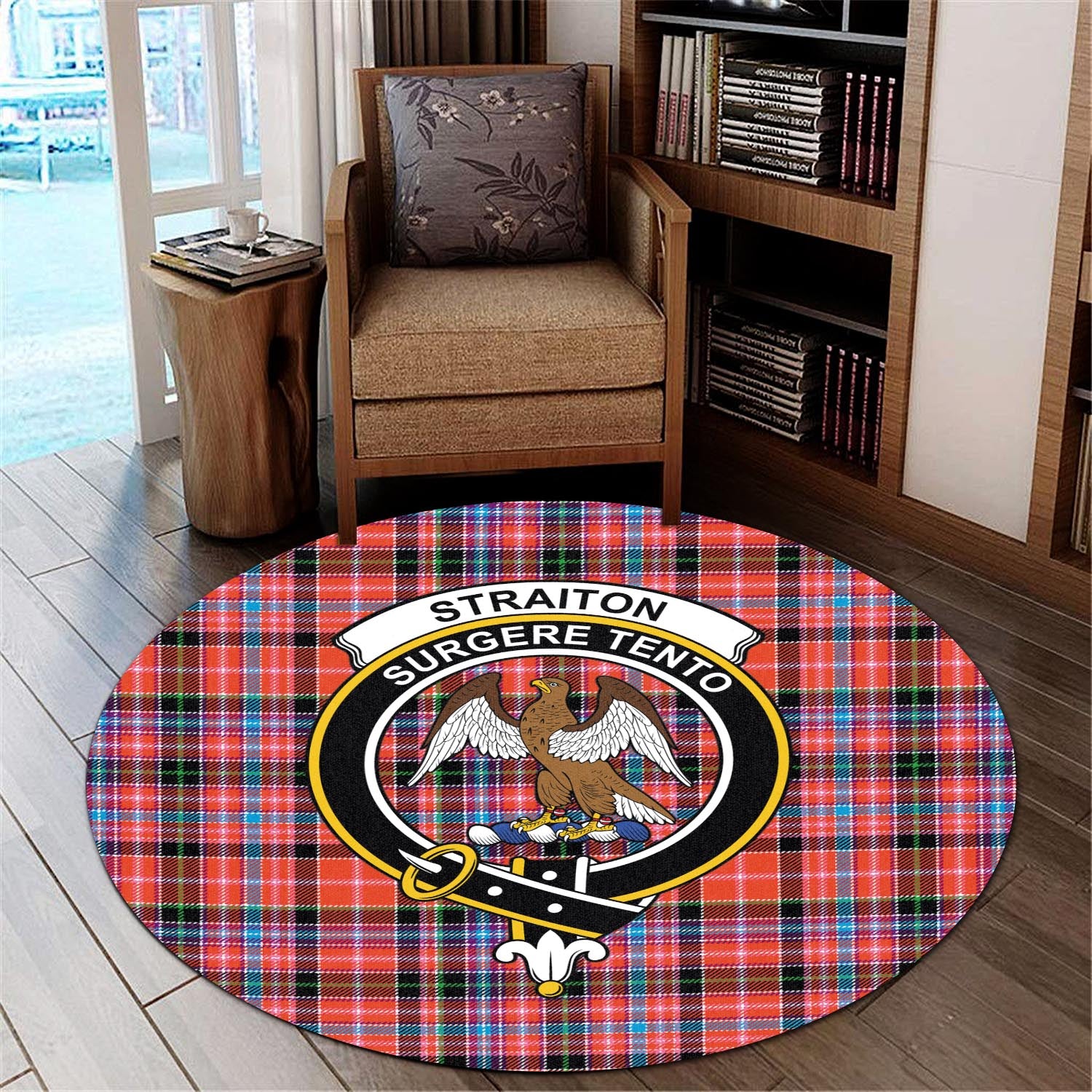 straiton-tartan-round-rug-with-family-crest