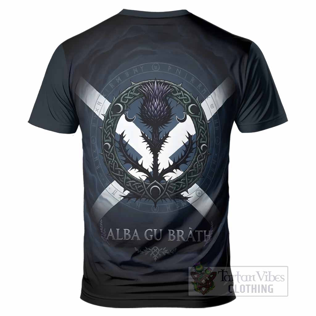 Straiton Clan Crest T-Shirt with Celtic Knot Thistle and Saltire