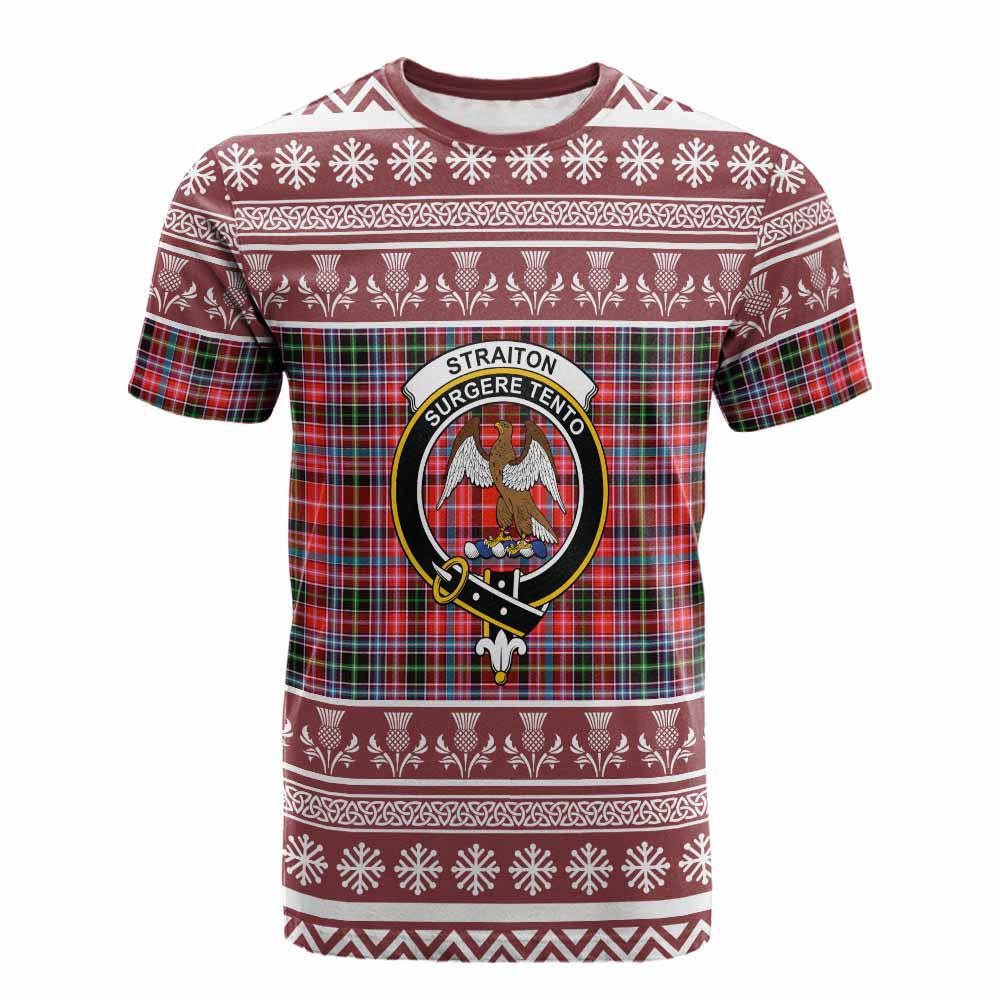 Straiton Clan Tartan Christmas Cotton T-shirt with Family Crest - Tartan Vibes Clothing