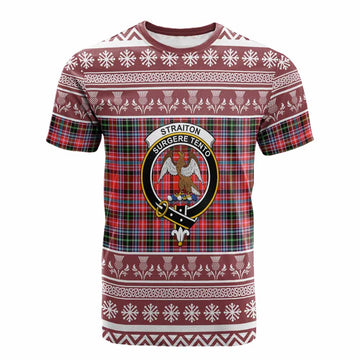 Straiton Clan Tartan Christmas Cotton T-shirt with Family Crest