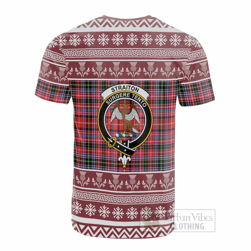 Straiton Clan Tartan Christmas Cotton T-shirt with Family Crest - Tartan Vibes Clothing