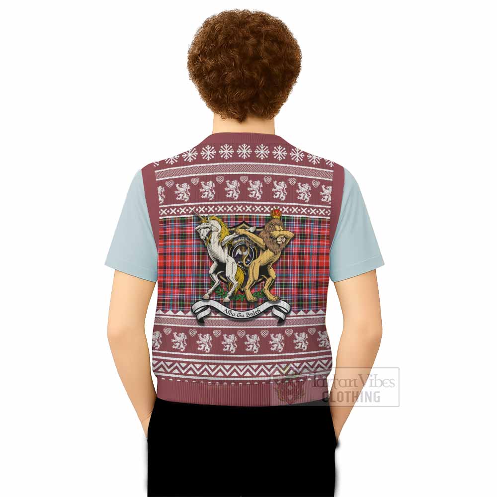 Straiton Clan Tartan Crest Christmas Knitted V-Neck Vest Coat of Arms Funny Style - Tartan Vibes Clothing