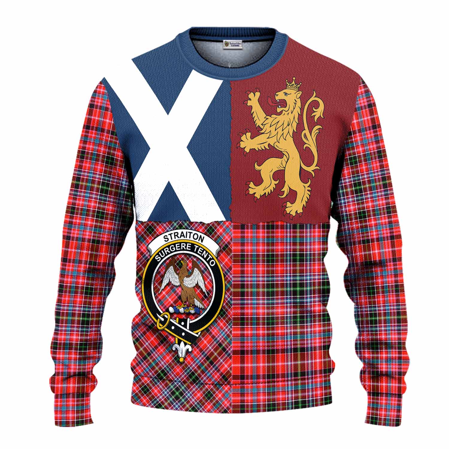 Straiton Crest Tartan Knitted Sweater with Lion Rampant Saltire Style