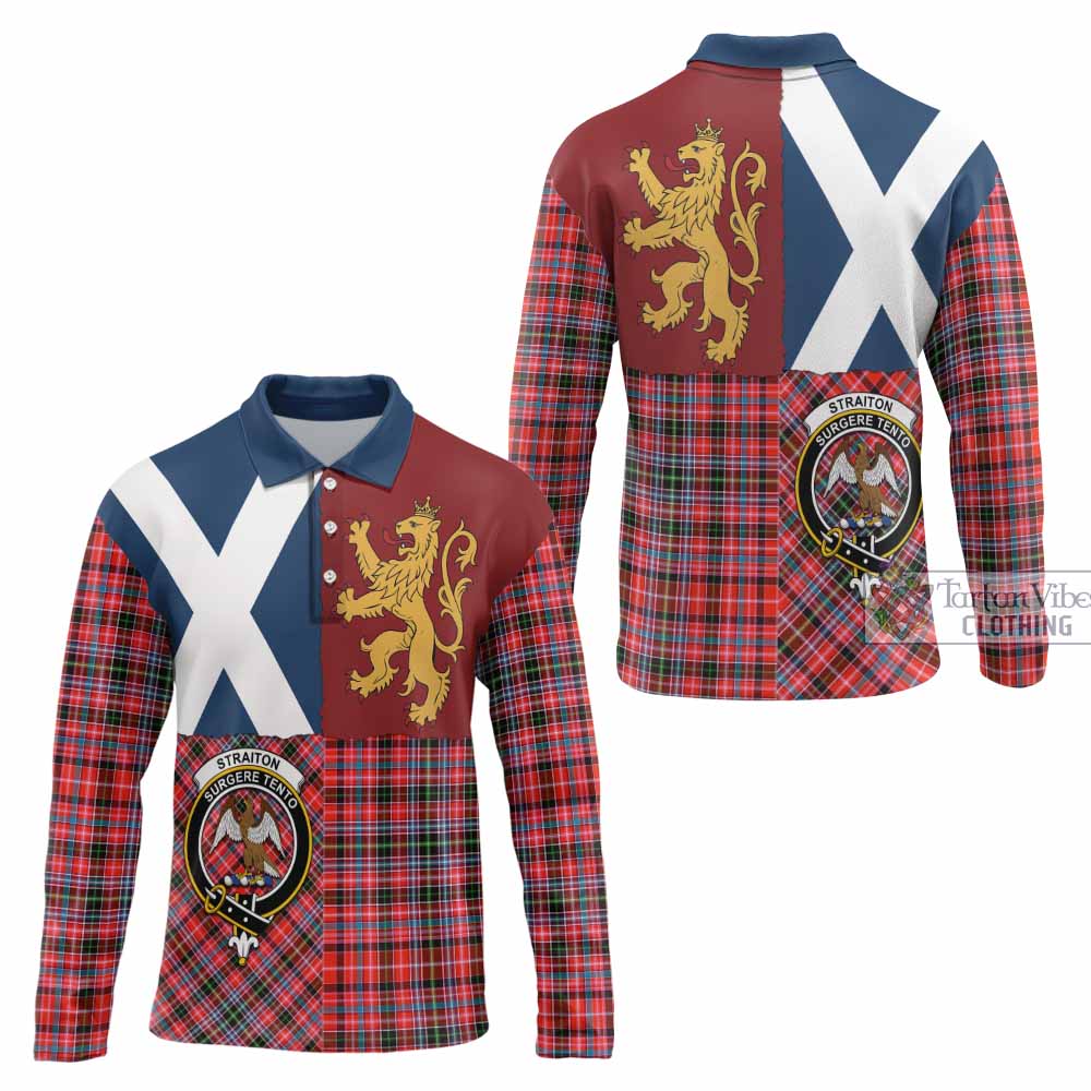 Straiton Crest Tartan Long Sleeve Polo Shirt with Lion Rampant Saltire Style