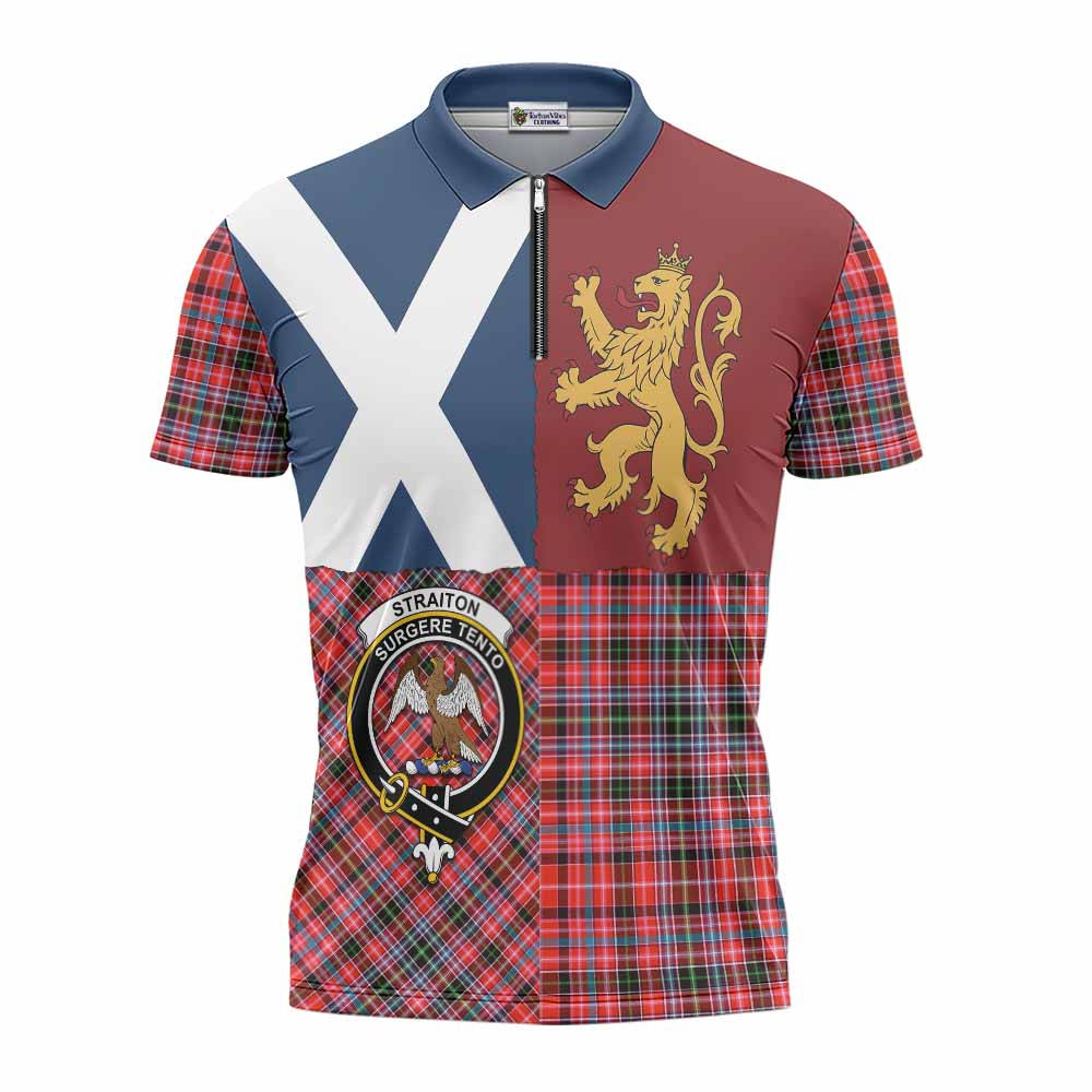 Straiton Crest Tartan Zipper Polo Shirt with Lion Rampant Saltire Style