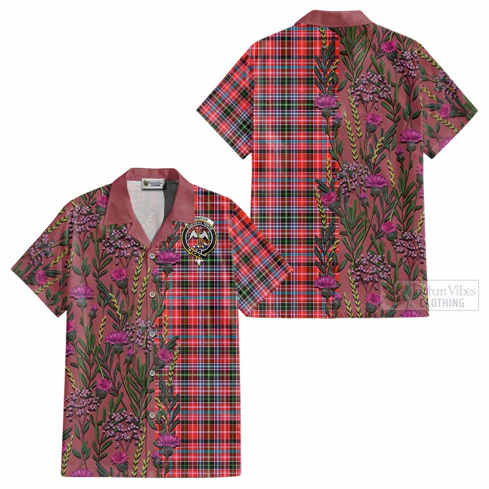 Straiton Family Crest Tartan Cotton Hawaiian Shirt Scottish Thistle Flower Pattern Half Style - Tartan Vibes Clothing