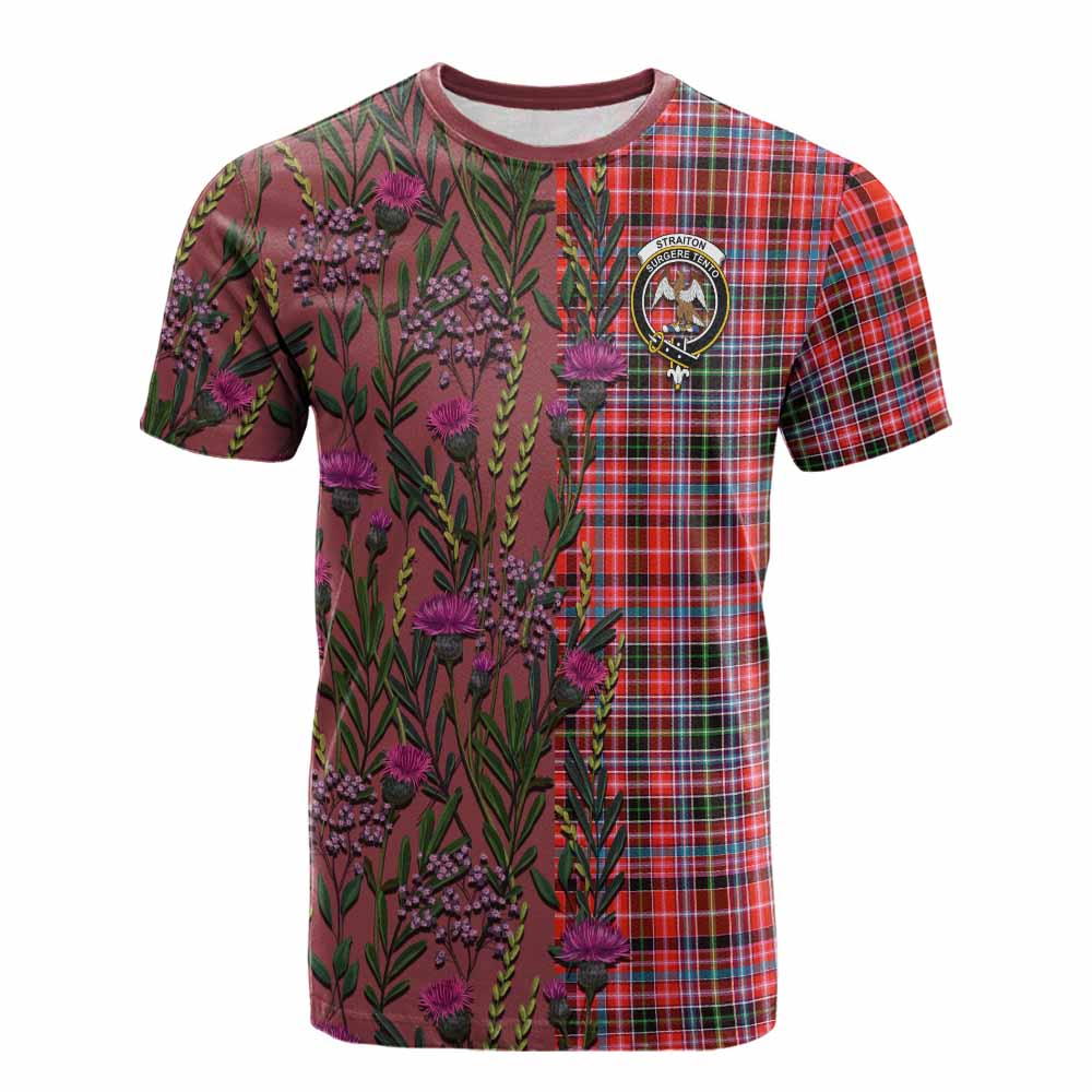 Straiton Family Crest Tartan Cotton T-shirt Scottish Thistle Flower Pattern Half Style - Tartan Vibes Clothing