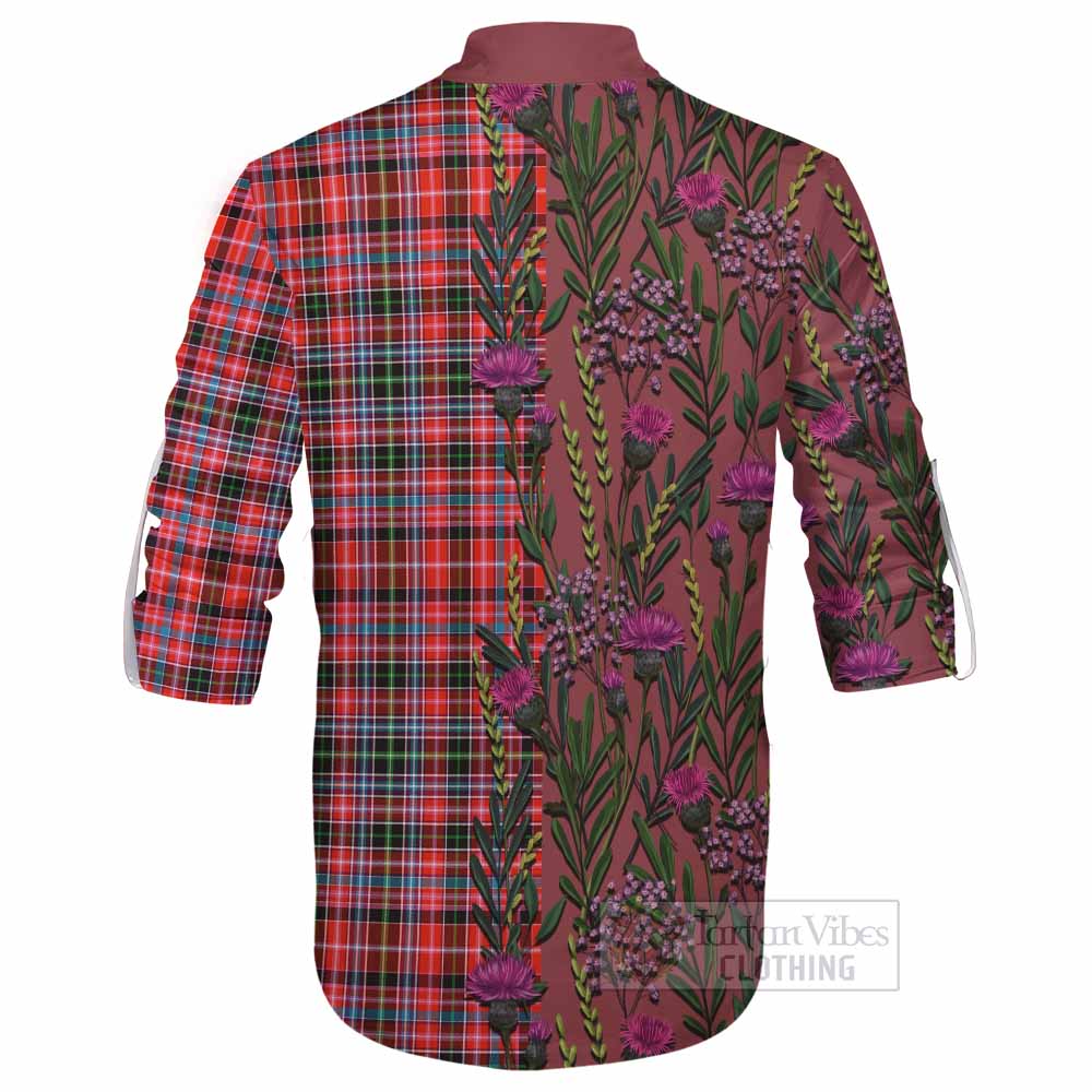 Straiton Family Crest Tartan Ghillie Shirt Scottish Thistle Flower Pattern Half Style - Tartan Vibes Clothing