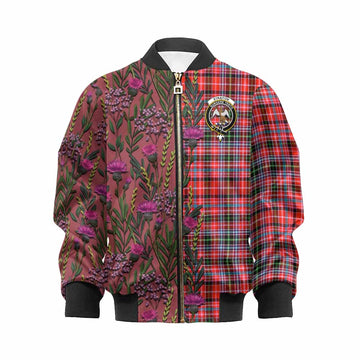 Straiton Family Crest Tartan Kid Bomber Jacket Scottish Thistle Flower Pattern Half Style - Tartan Vibes Clothing