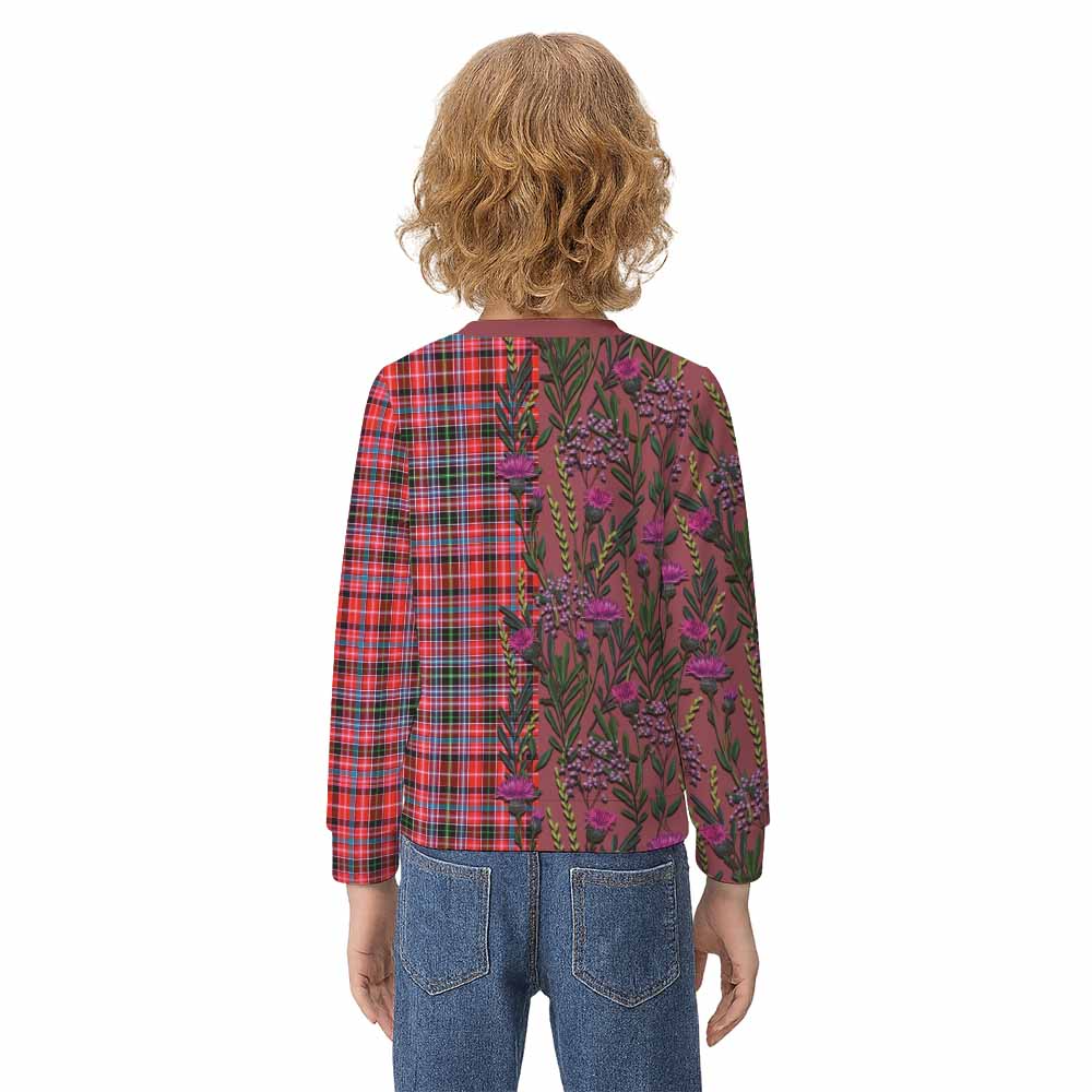 Straiton Family Crest Tartan Kid Knitted Sweatshirt Scottish Thistle Flower Pattern Half Style - Tartan Vibes Clothing