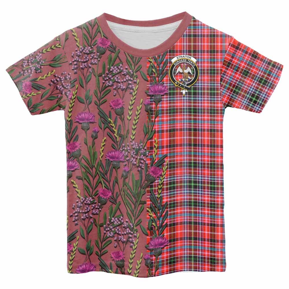 Straiton Family Crest Tartan Kid T-shirt Scottish Thistle Flower Pattern Half Style - Tartan Vibes Clothing