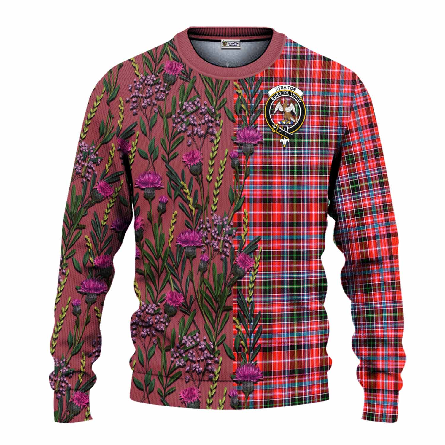 Straiton Family Crest Tartan Knitted Sweater Scottish Thistle Flower Pattern Half Style - Tartan Vibes Clothing