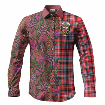 Straiton Family Crest Tartan Long Sleeve Button Shirts Scottish Thistle Flower Pattern Half Style