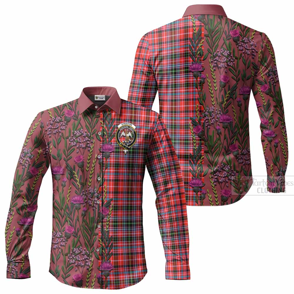Straiton Family Crest Tartan Long Sleeve Button Shirts Scottish Thistle Flower Pattern Half Style - Tartan Vibes Clothing
