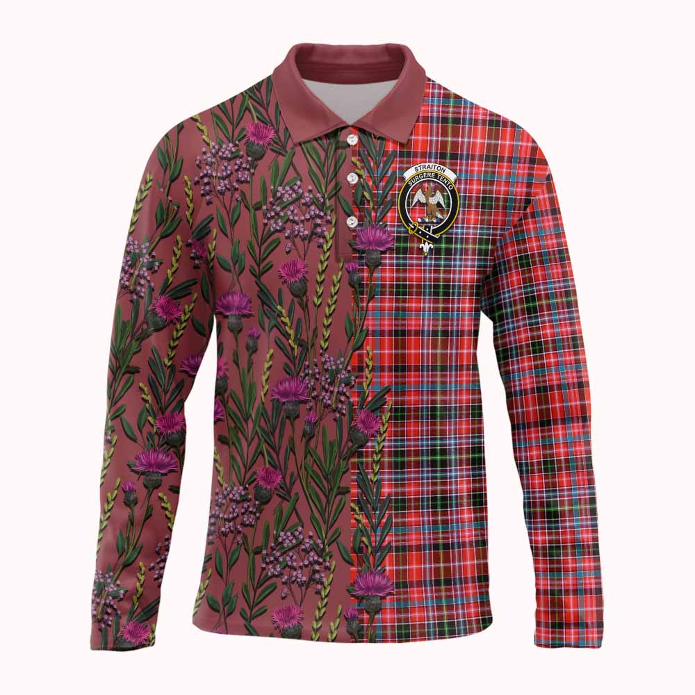 Straiton Family Crest Tartan Long Sleeve Polo Shirt Scottish Thistle Flower Pattern Half Style - Tartan Vibes Clothing