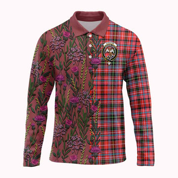 Straiton Family Crest Tartan Long Sleeve Polo Shirt Scottish Thistle Flower Pattern Half Style