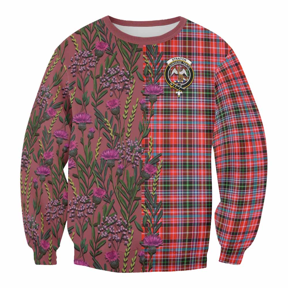 Straiton Family Crest Tartan Sweatshirt Scottish Thistle Flower Pattern Half Style - Tartan Vibes Clothing