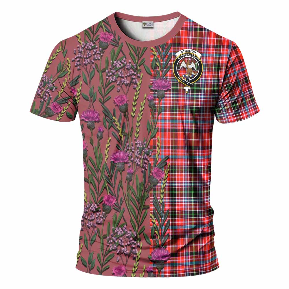 Straiton Family Crest Tartan T-Shirt Scottish Thistle Flower Pattern Half Style - Tartan Vibes Clothing