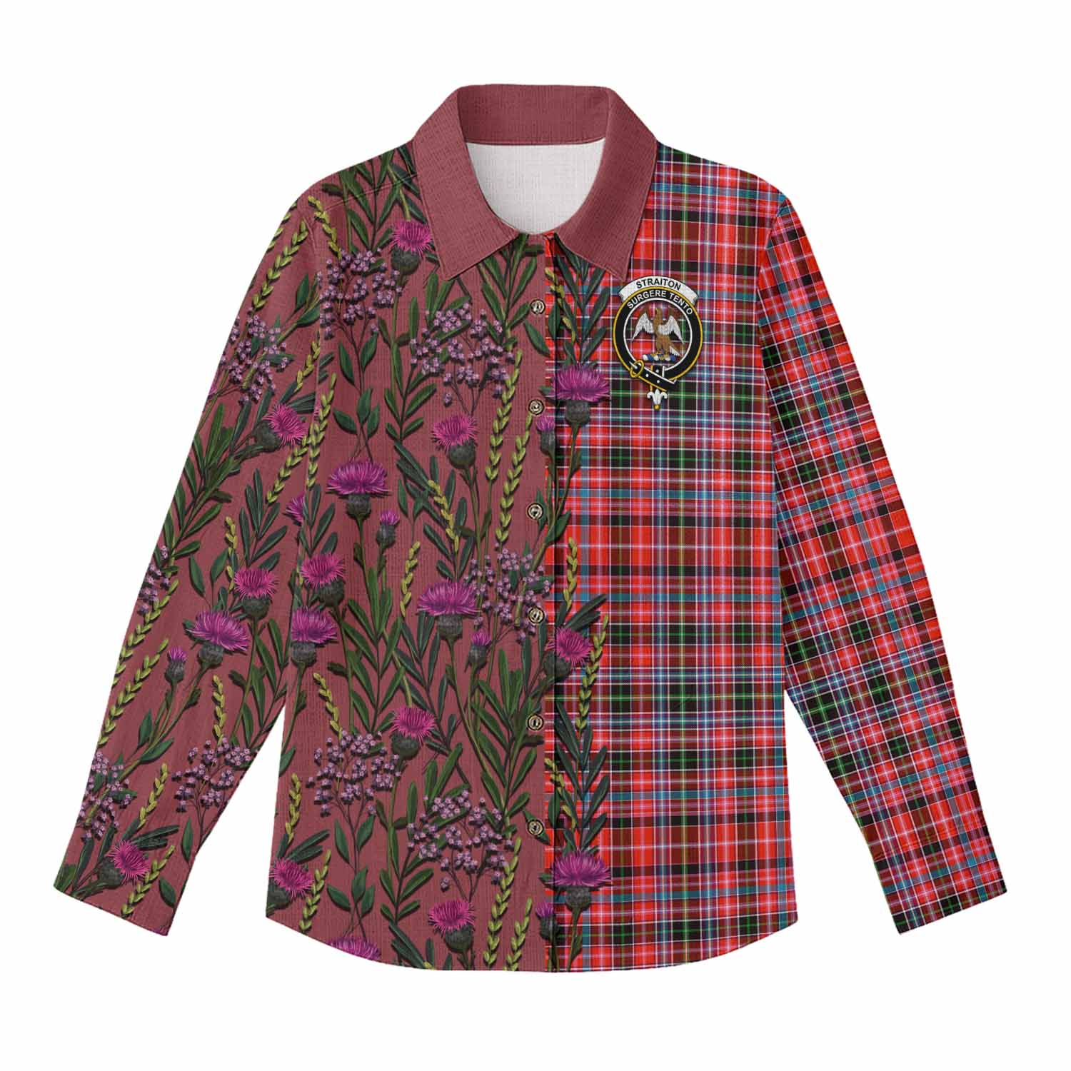Straiton Family Crest Tartan Women Casual Shirt Scottish Thistle Flower Pattern Half Style - Tartan Vibes Clothing