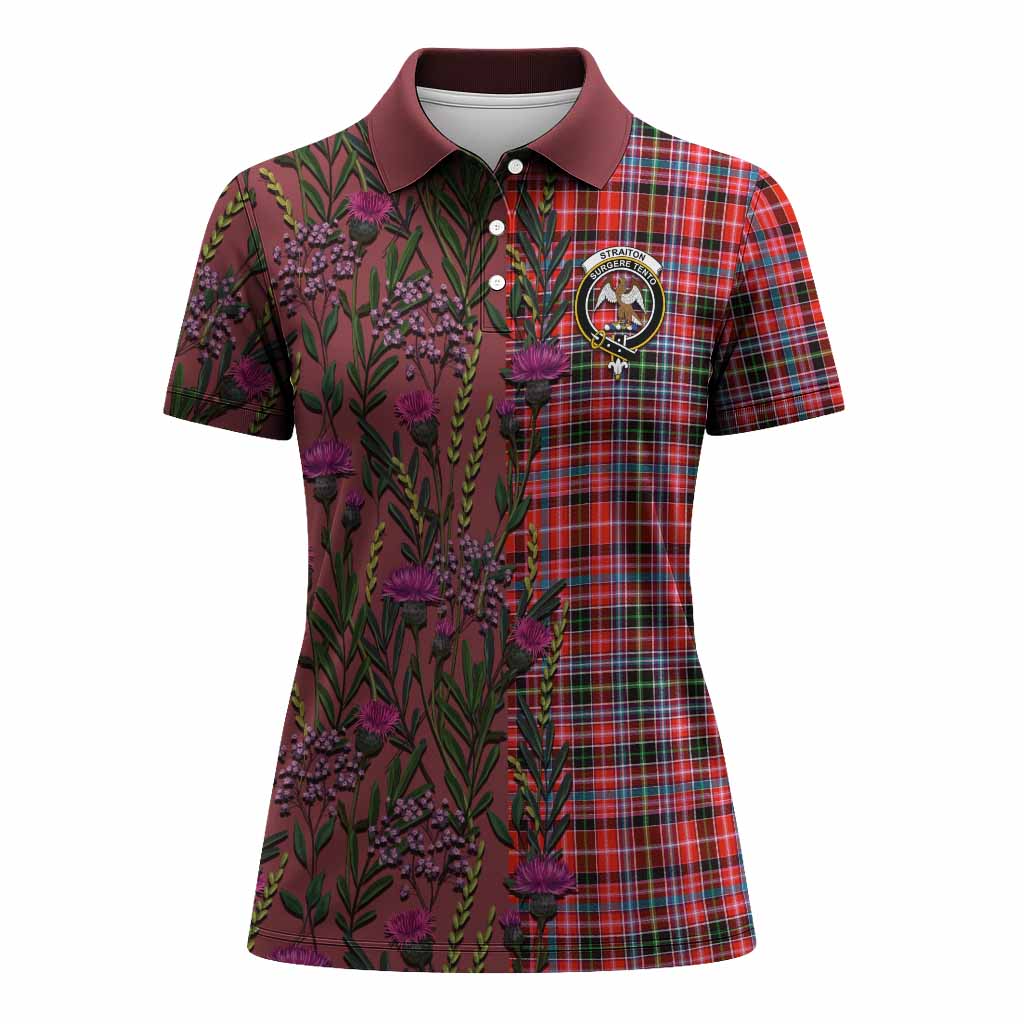 Straiton Family Crest Tartan Women Polo Shirt Scottish Thistle Flower Pattern Half Style - Tartan Vibes Clothing