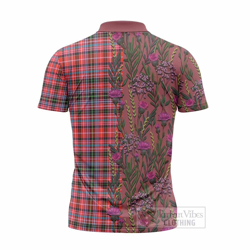 Straiton Family Crest Tartan Zipper Polo Shirt Scottish Thistle Flower Pattern Half Style - Tartan Vibes Clothing
