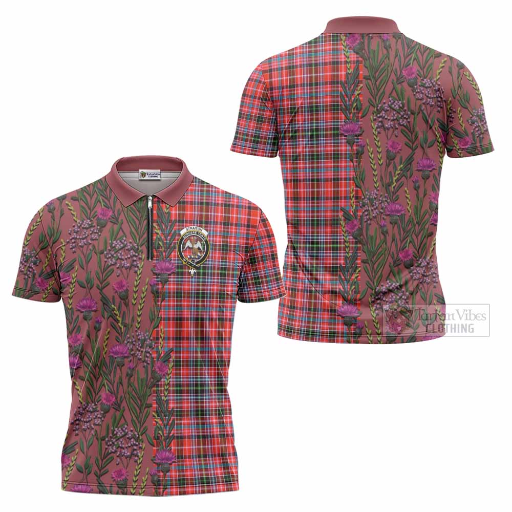 Straiton Family Crest Tartan Zipper Polo Shirt Scottish Thistle Flower Pattern Half Style - Tartan Vibes Clothing