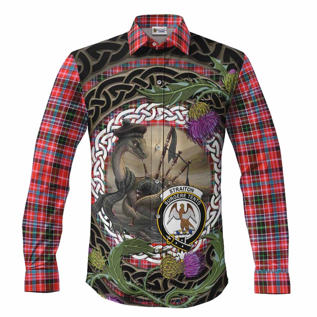 Straiton Tartan Crest Bagpipe Nessie Long Sleeve Button Shirts Scottish Loch Ness Monster Celtic Thistle