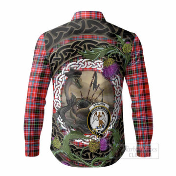 Straiton Tartan Crest Bagpipe Nessie Long Sleeve Button Shirts Scottish Loch Ness Monster Celtic Thistle