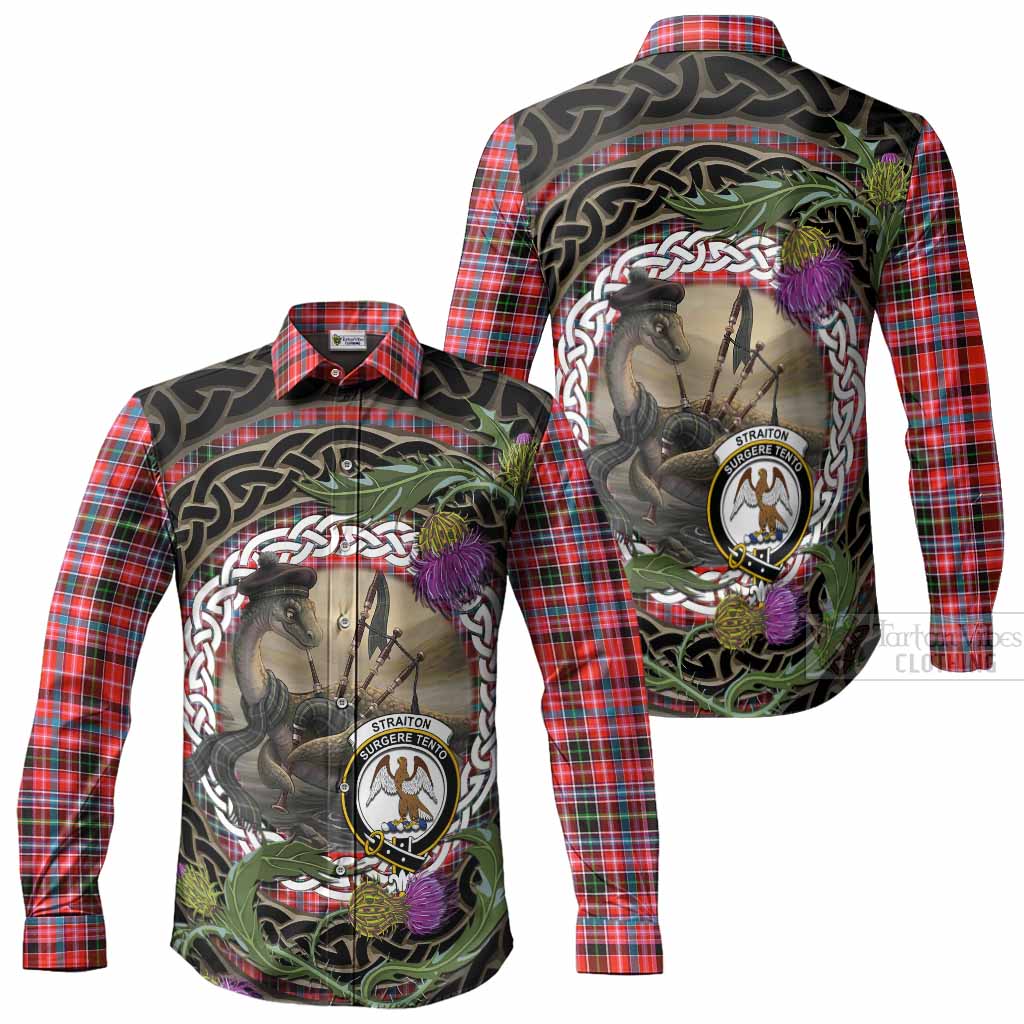 Straiton Tartan Crest Bagpipe Nessie Long Sleeve Button Shirts Scottish Loch Ness Monster Celtic Thistle
