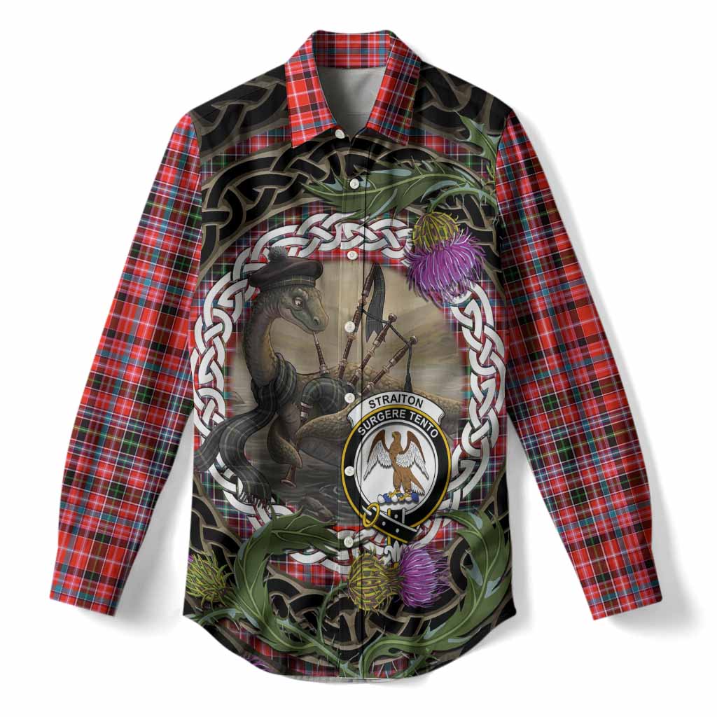 Straiton Tartan Crest Bagpipe Nessie Women Casual Shirt Scottish Loch Ness Monster Celtic Thistle