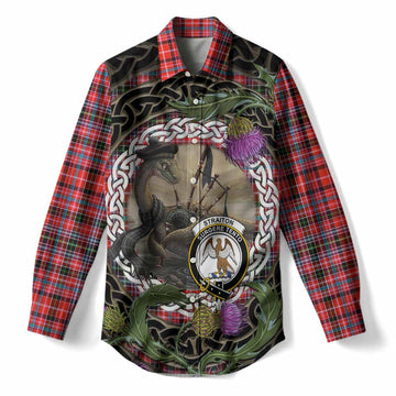 Straiton Tartan Crest Bagpipe Nessie Women Casual Shirt Scottish Loch Ness Monster Celtic Thistle