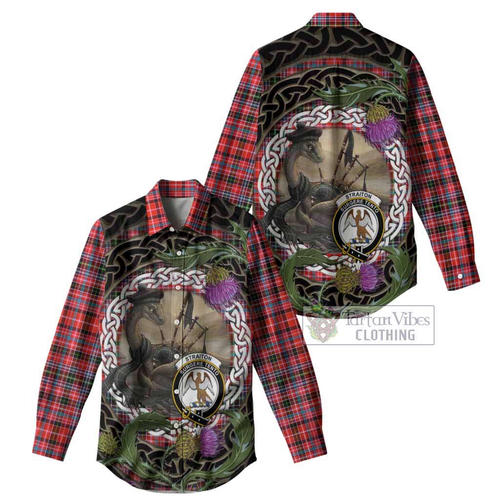 Straiton Tartan Crest Bagpipe Nessie Women Casual Shirt Scottish Loch Ness Monster Celtic Thistle