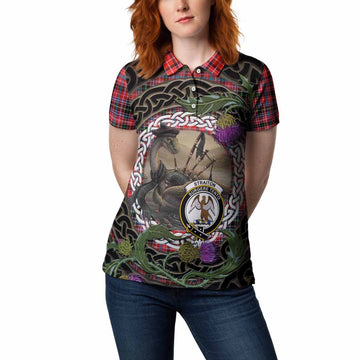 Straiton Tartan Crest Bagpipe Nessie Women Polo Shirt Scottish Loch Ness Monster Celtic Thistle