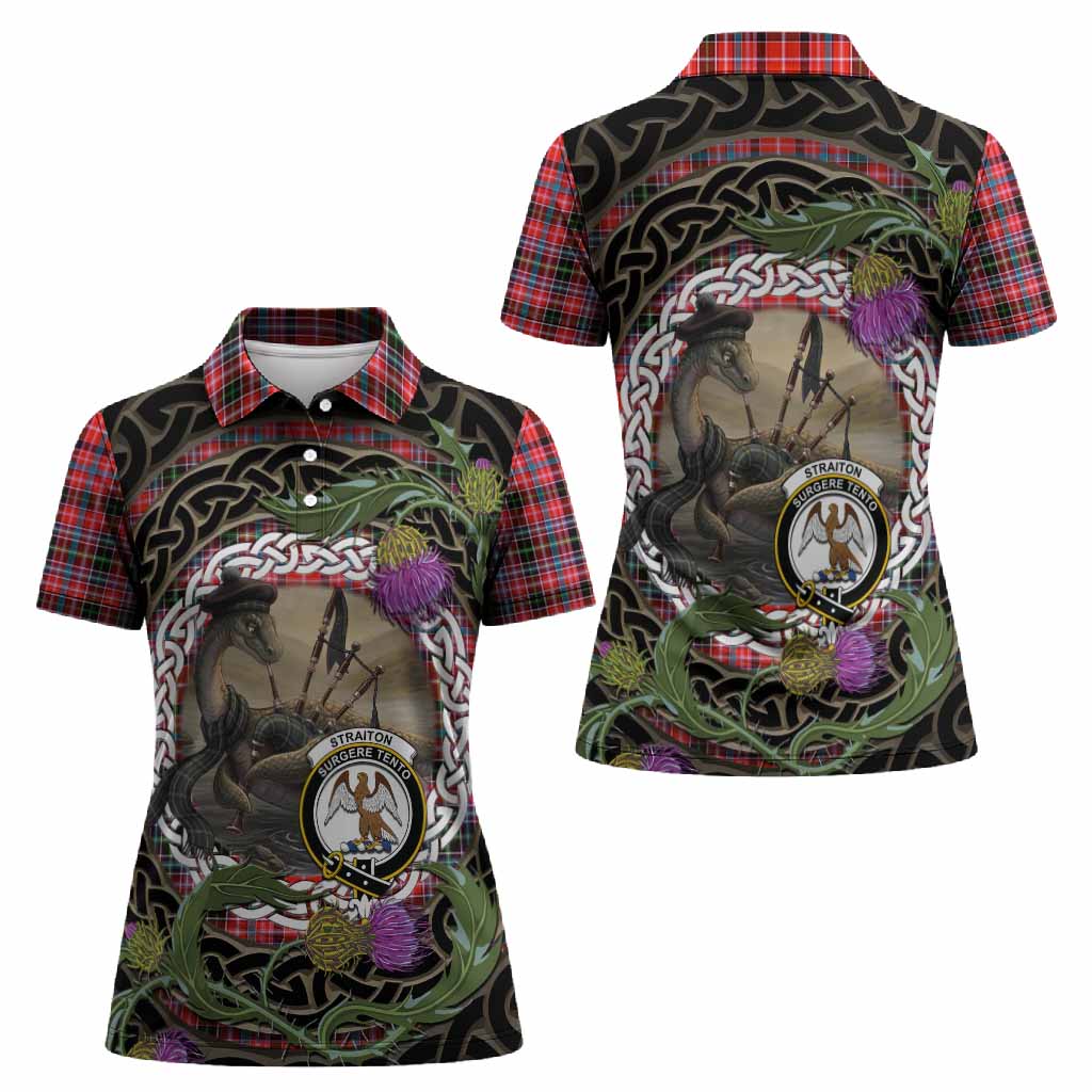 Straiton Tartan Crest Bagpipe Nessie Women Polo Shirt Scottish Loch Ness Monster Celtic Thistle