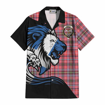 Straiton Tartan Crest Cotton Hawaiian Shirt Scottish Golden Lions Wave Flow