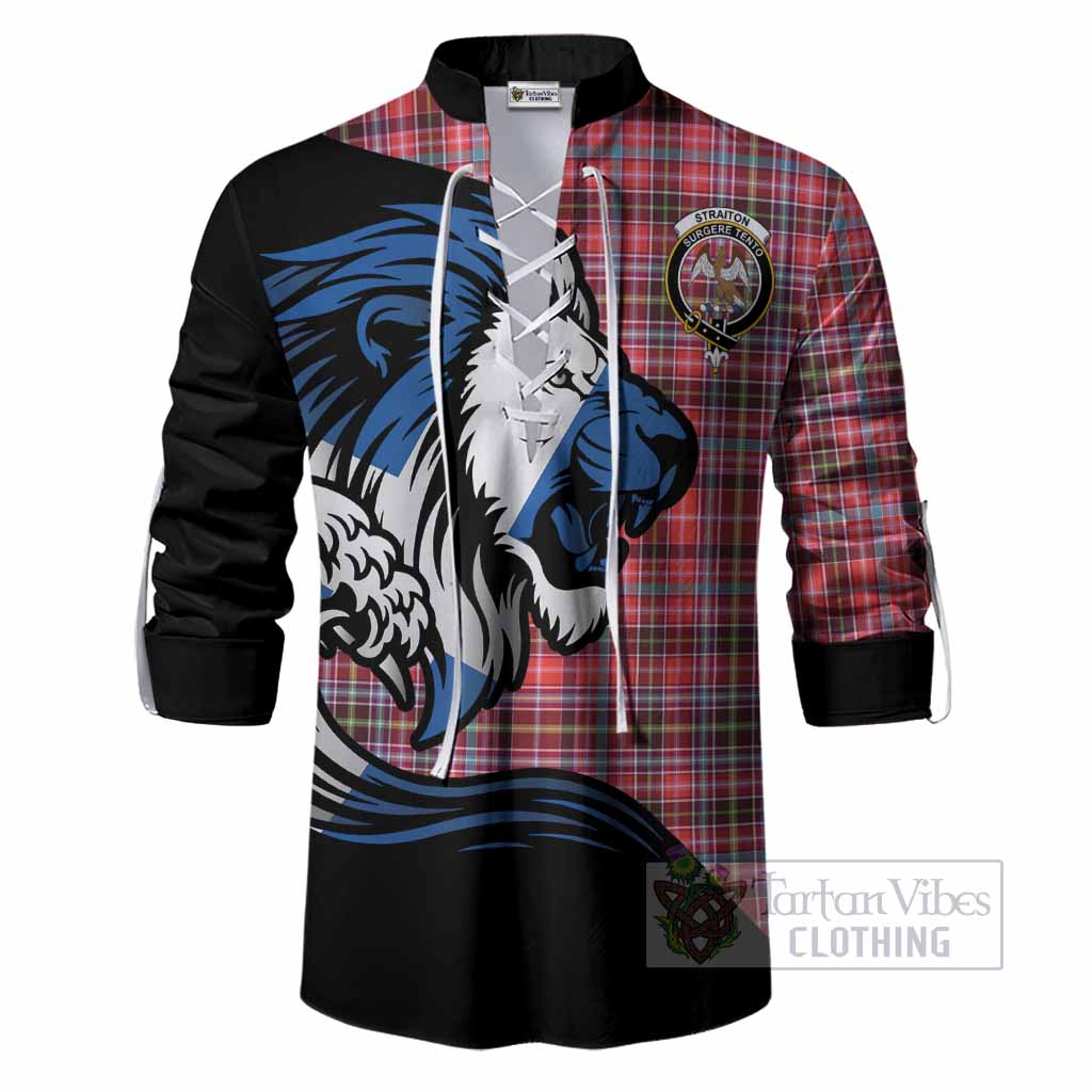 Straiton Tartan Crest Ghillie Shirt Scottish Golden Lions Wave Flow