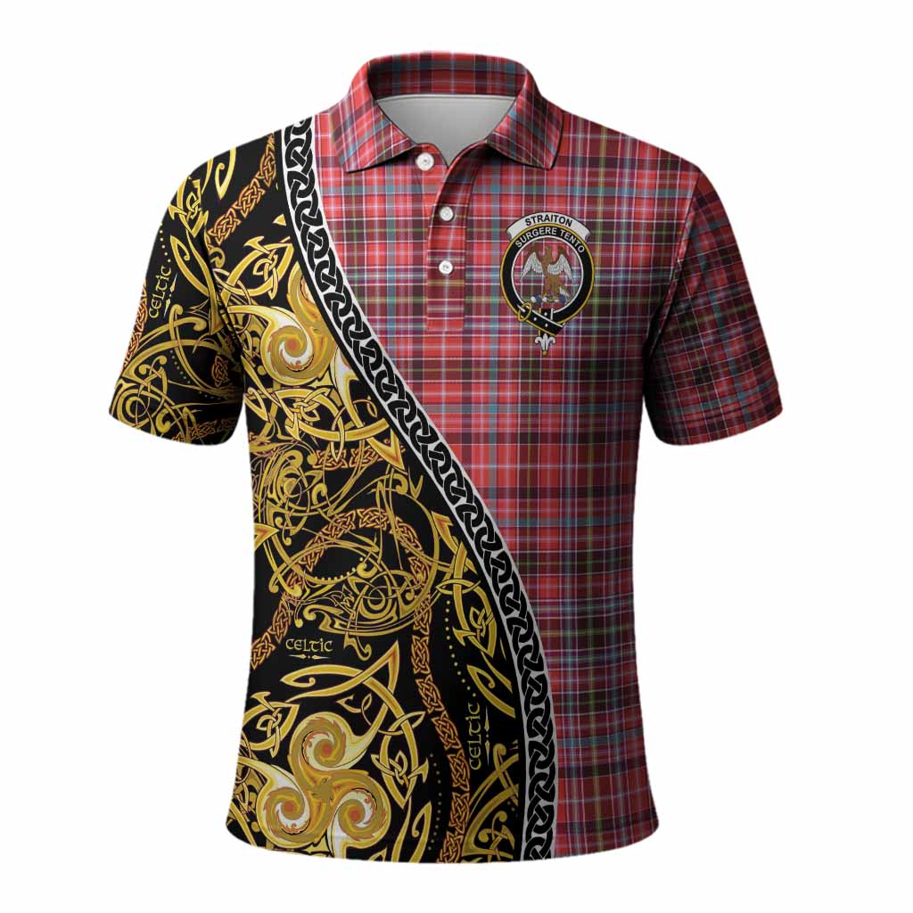 Straiton Tartan Crest Polo Shirt Celtic Knot and Triple Trickle Spiral Symbols