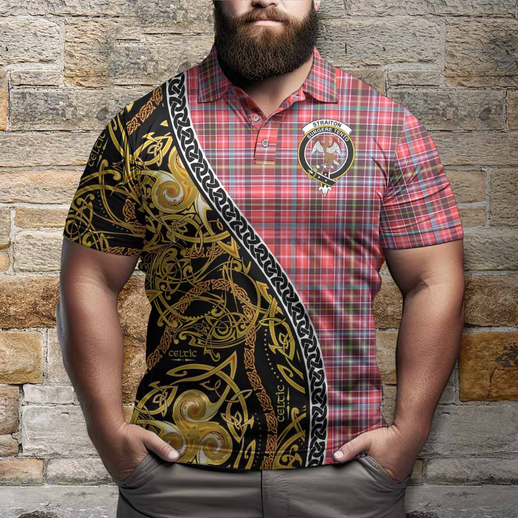 Straiton Tartan Crest Polo Shirt Celtic Knot and Triple Trickle Spiral Symbols