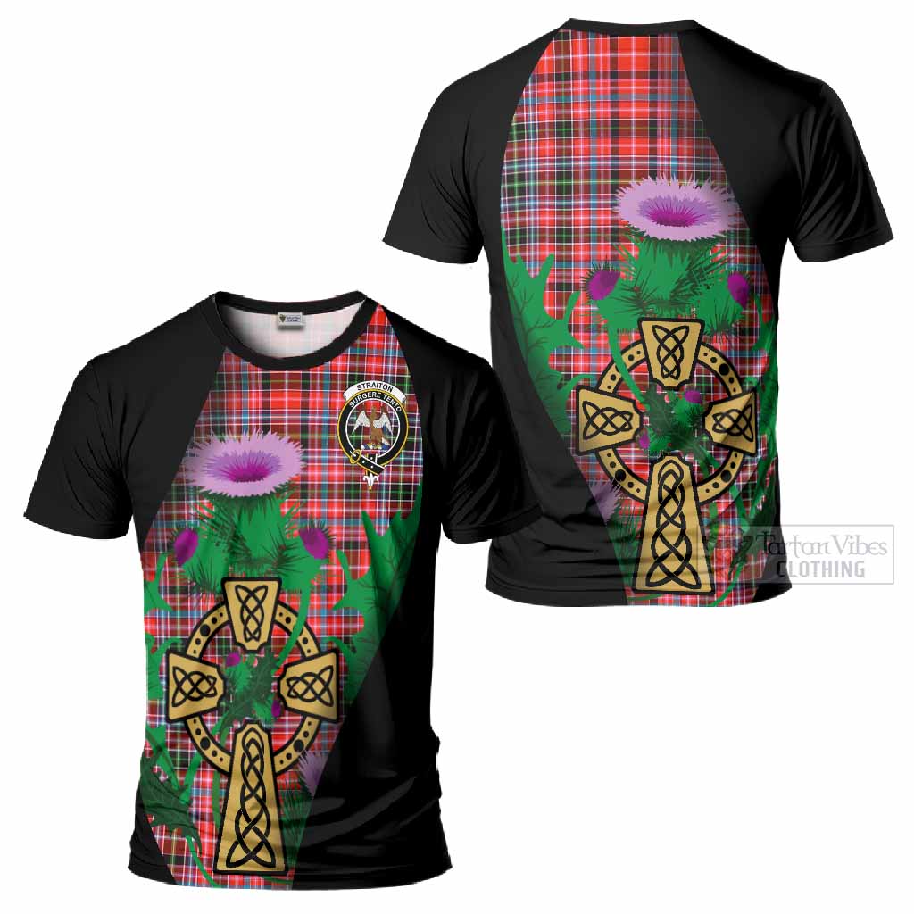 Straiton Tartan Crest T-Shirt Celtic Cross Thistle Flowers