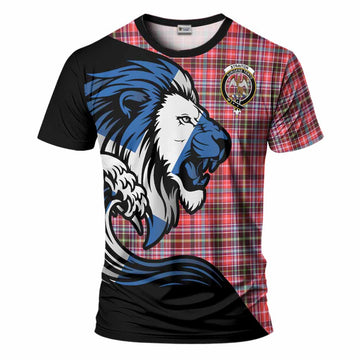 Straiton Tartan Crest T-Shirt Scottish Golden Lions Wave Flow