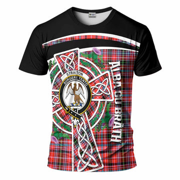 Straiton Tartan Crest T-Shirt Scottish Thistle Celtic Cross Alba Gu Brath