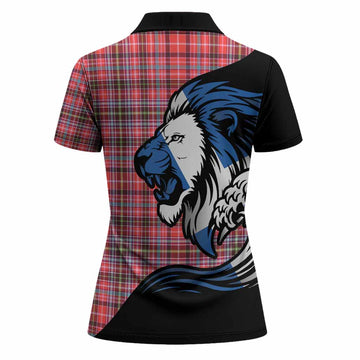 Straiton Tartan Crest Women Polo Shirt Scottish Golden Lions Wave Flow
