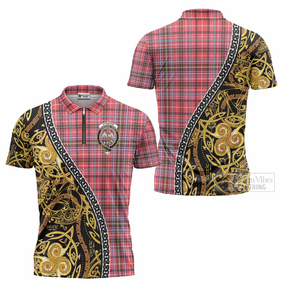 Straiton Tartan Crest Zipper Polo Shirt Celtic Knot and Triple Trickle Spiral Symbols