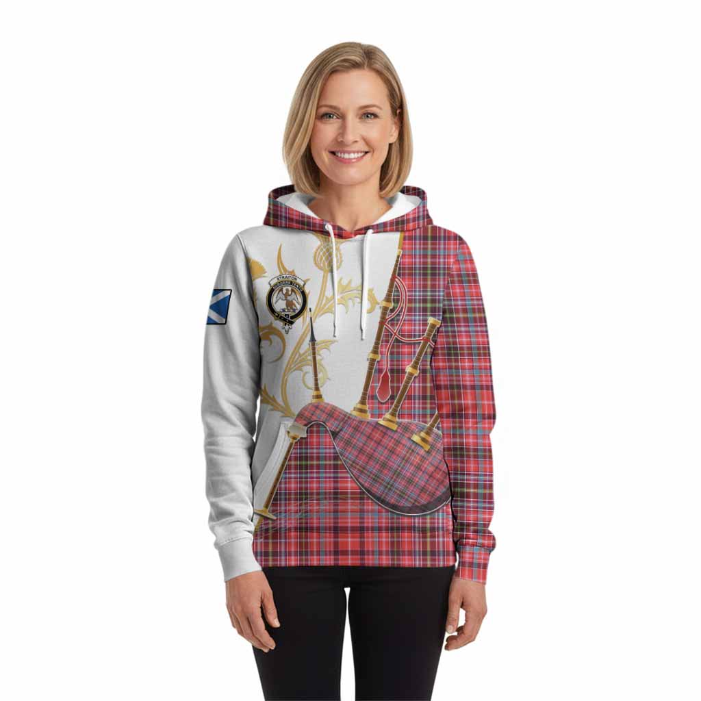 Straiton Tartan Family Crest Hoodie Bagpipes with Scottish Thistle