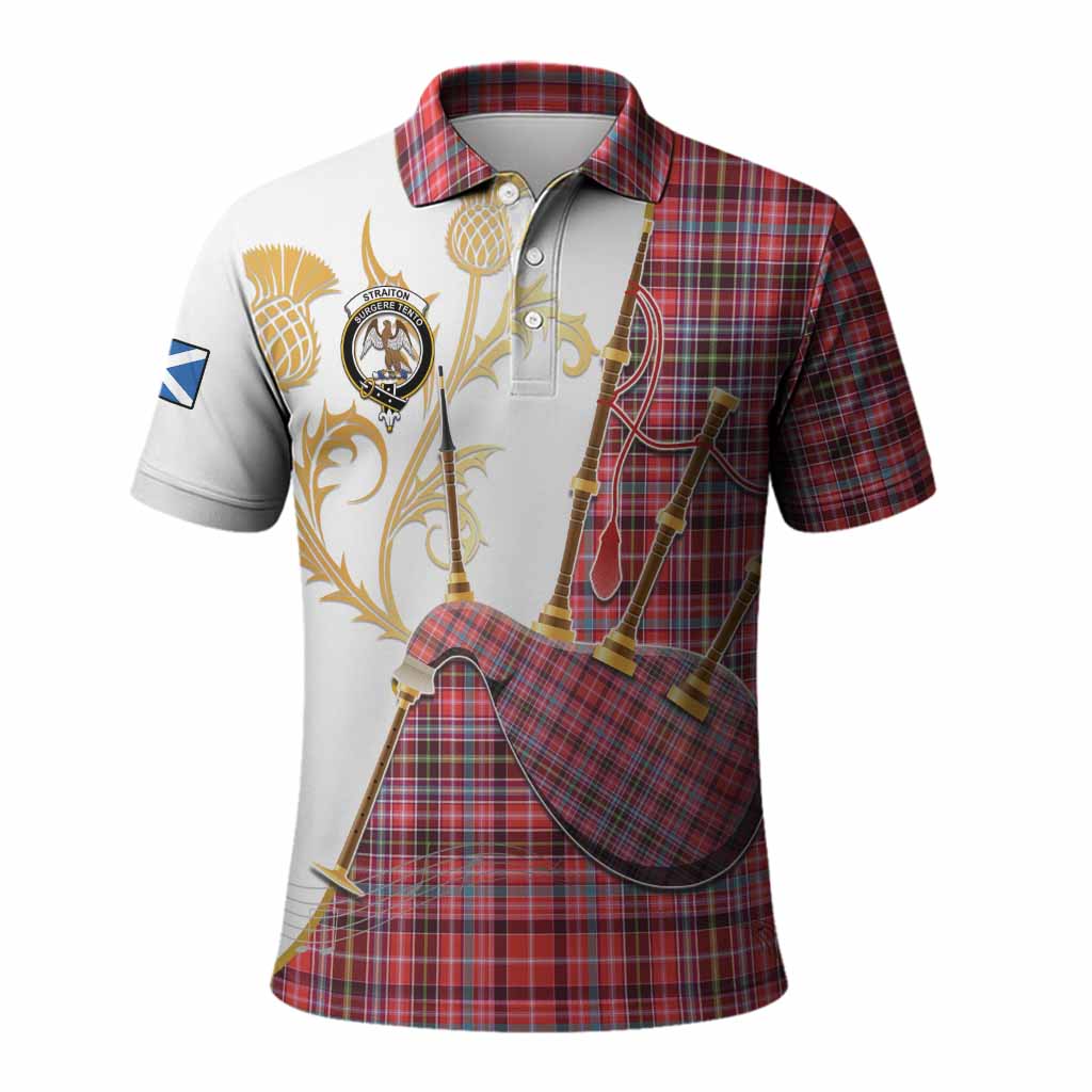 Straiton Tartan Family Crest Polo Shirt Bagpipes with Scottish Thistle